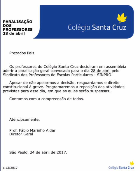 Professores de colégio da elite paulistana também vão parar