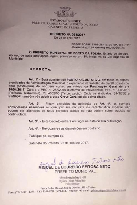 Em Sergipe, prefeito dá ponto facultativo em apoio à Greve Geral